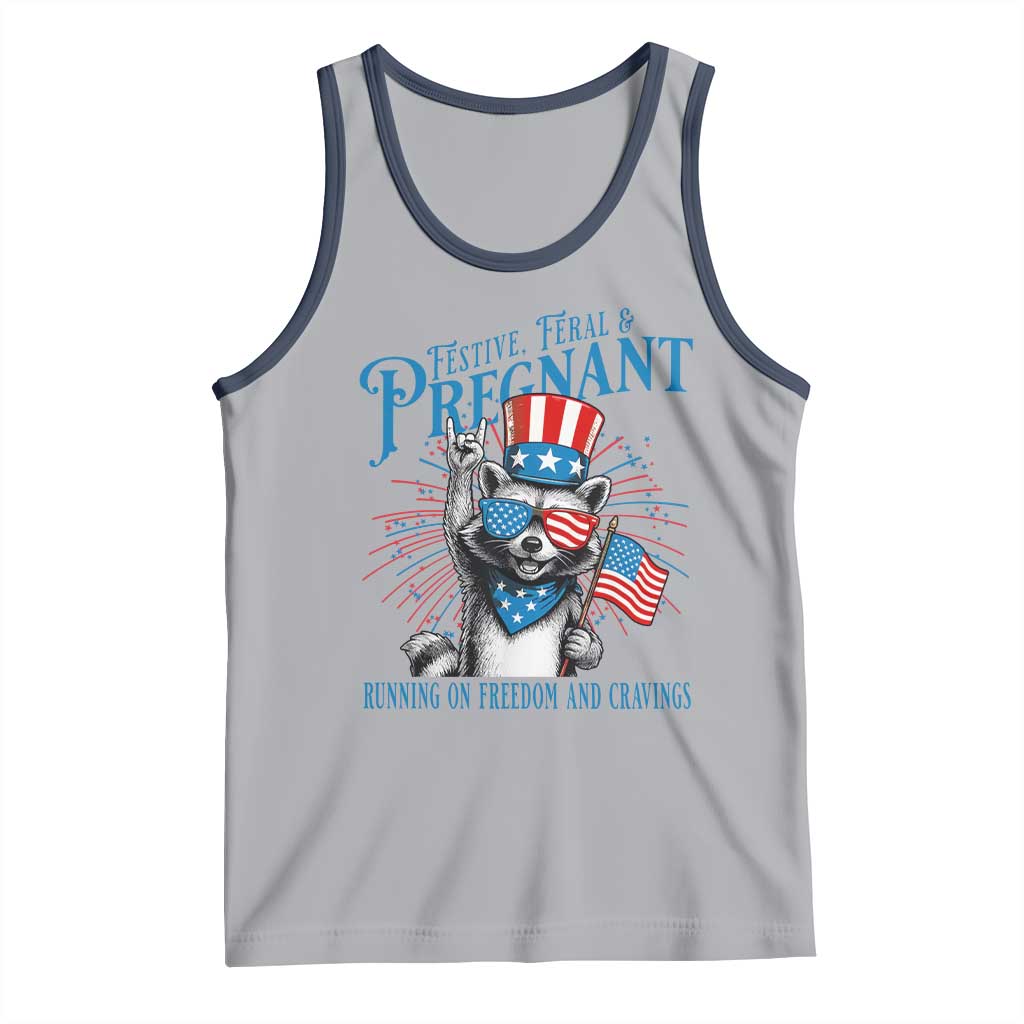 Funny Festive Feral and Pregnant Tank Top Running On Freedom And Cravings 4th of July Maternity Raccoon TS11 Athletic Heather Navy Print Your Wear