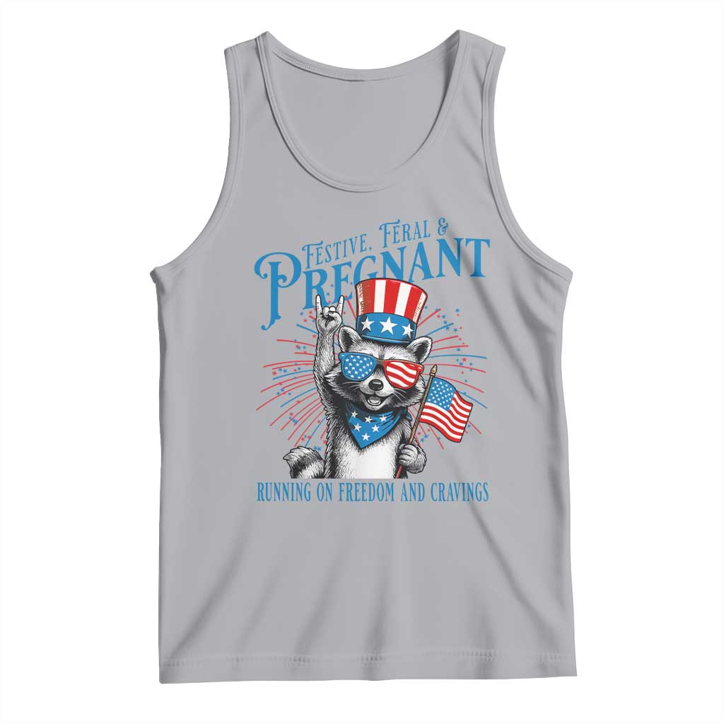 Funny Festive Feral and Pregnant Tank Top Running On Freedom And Cravings 4th of July Maternity Raccoon TS11 Athletic Heather Print Your Wear
