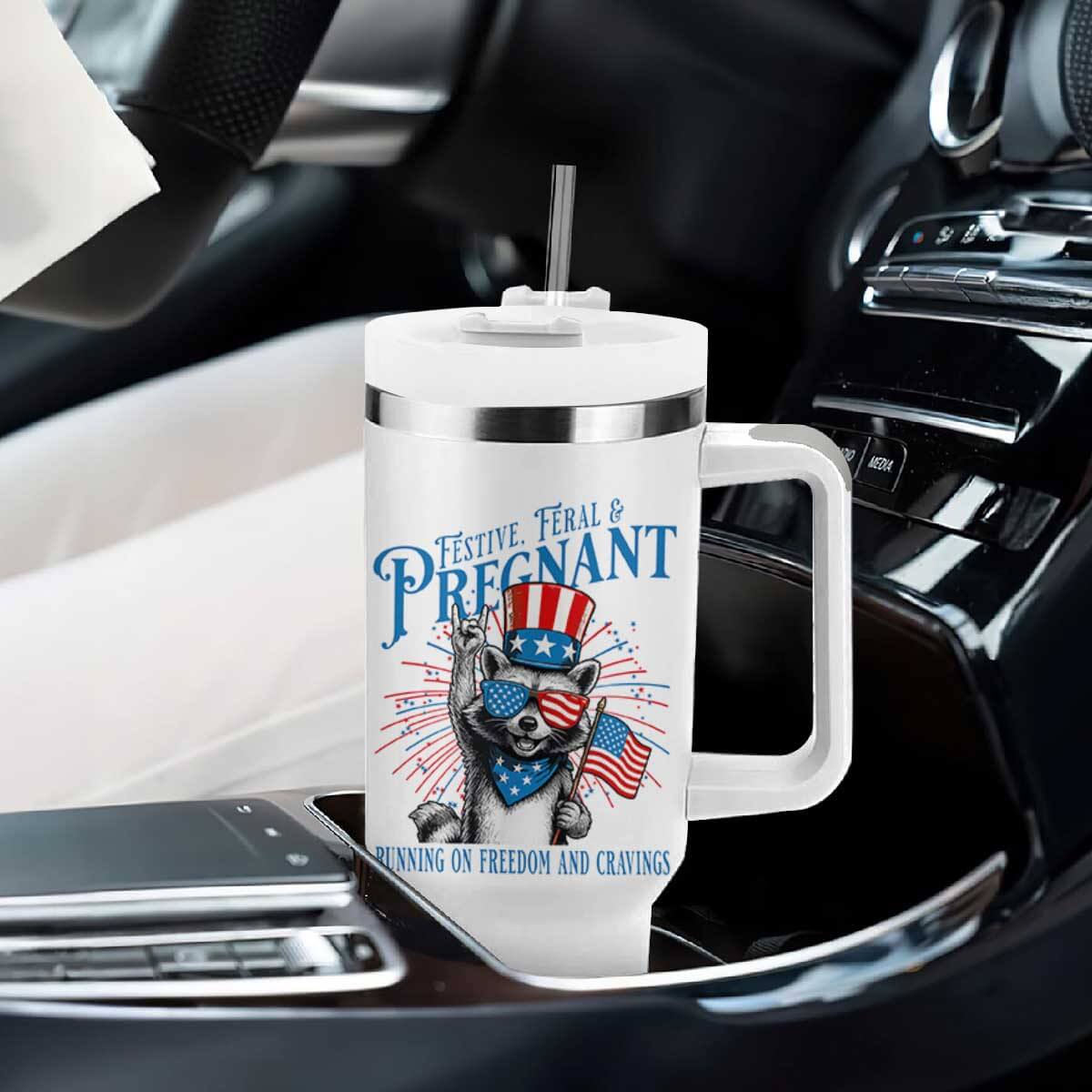 Funny Festive Feral and Pregnant Tumbler With Handle Running On Freedom And Cravings 4th of July Maternity Raccoon TS11 Print Your Wear