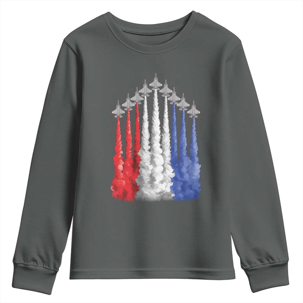Funny Fighter Jet Airplane American Flag 4th Of July Youth Sweatshirt TS11 Dark Heather Print Your Wear