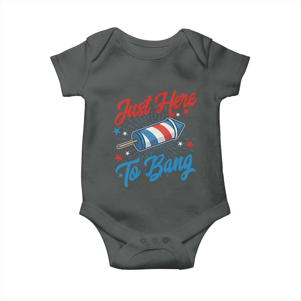 Funny Fireworks Just Here To Bang Baby Onesie American Flag Firecracker Rocket TS11 Dark Heather Print Your Wear