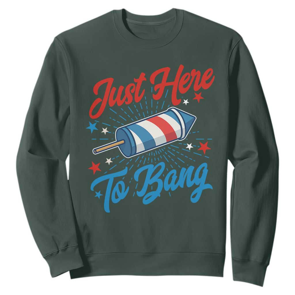 Funny Fireworks Just Here To Bang Sweatshirt American Flag Firecracker Rocket TS11 Dark Forest Green Print Your Wear