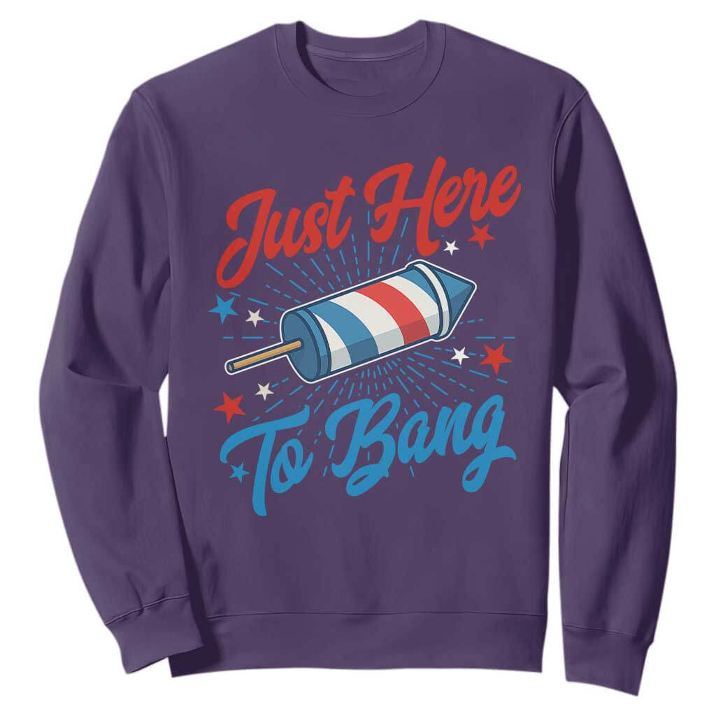 Funny Fireworks Just Here To Bang Sweatshirt American Flag Firecracker Rocket TS11 Purple Print Your Wear