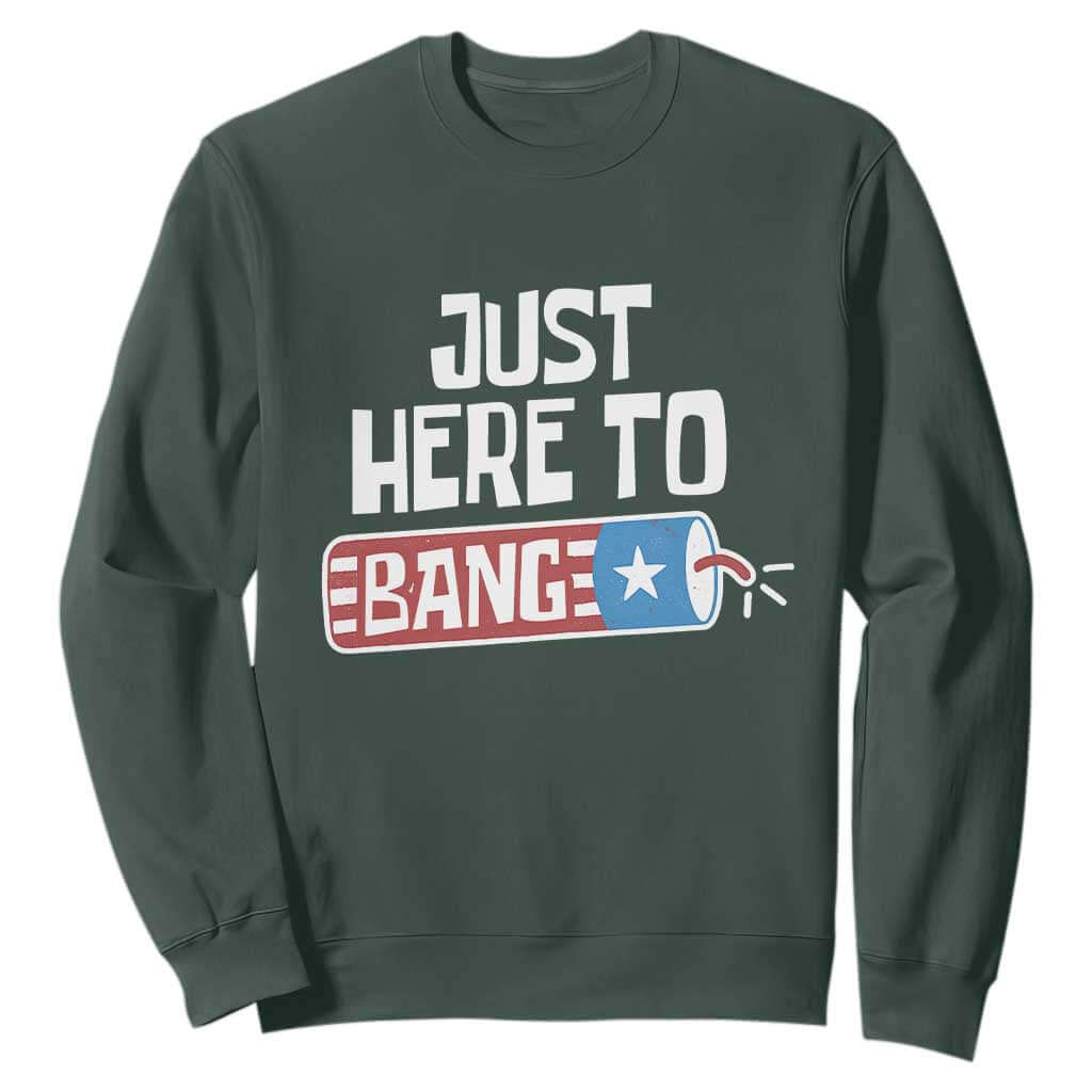 Funny Fireworks Just Here To Bang Sweatshirt American Flag Firecracker TS11 Dark Forest Green Print Your Wear