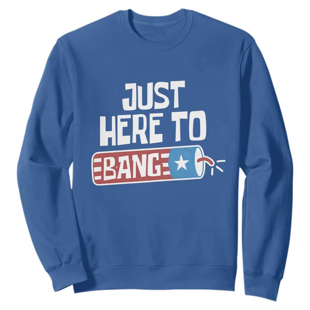 Funny Fireworks Just Here To Bang Sweatshirt American Flag Firecracker TS11 Royal Blue Print Your Wear