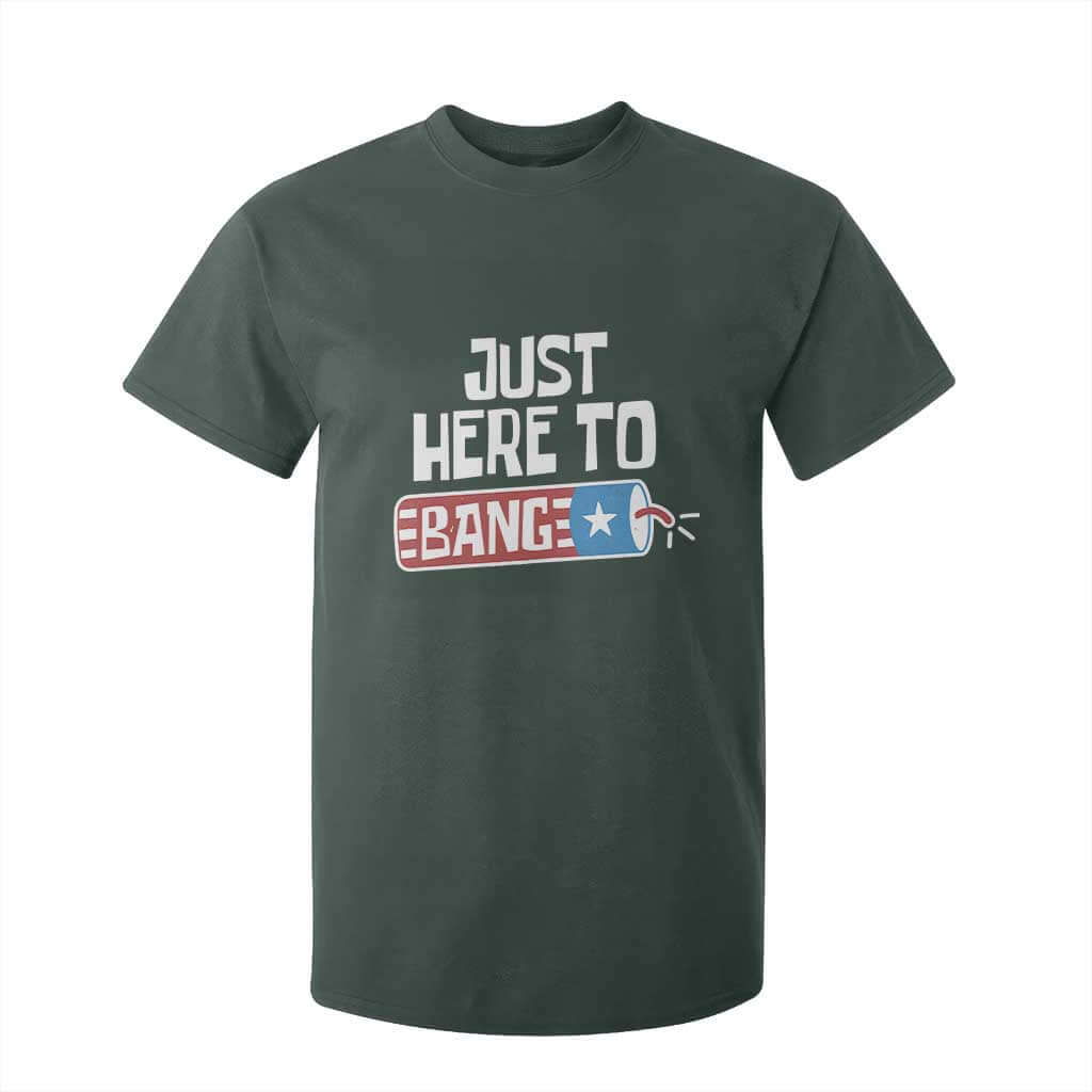Funny Fireworks Just Here To Bang T Shirt For Kid American Flag Firecracker TS11 Dark Forest Green Print Your Wear