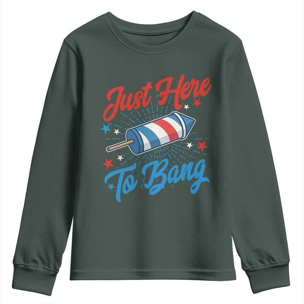 Funny Fireworks Just Here To Bang Youth Sweatshirt American Flag Firecracker Rocket TS11 Dark Forest Green Print Your Wear