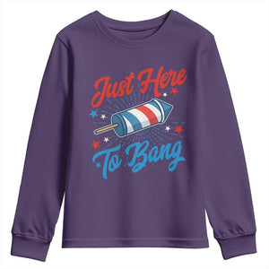 Funny Fireworks Just Here To Bang Youth Sweatshirt American Flag Firecracker Rocket TS11 Purple Print Your Wear