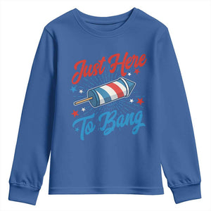 Funny Fireworks Just Here To Bang Youth Sweatshirt American Flag Firecracker Rocket TS11 Royal Blue Print Your Wear