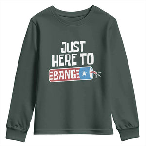 Funny Fireworks Just Here To Bang Youth Sweatshirt American Flag Firecracker TS11 Dark Forest Green Print Your Wear