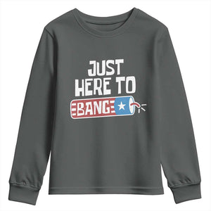 Funny Fireworks Just Here To Bang Youth Sweatshirt American Flag Firecracker TS11 Dark Heather Print Your Wear