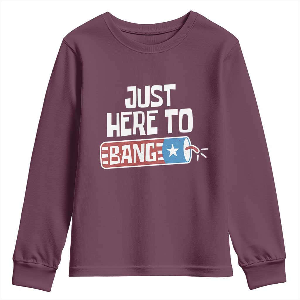 Funny Fireworks Just Here To Bang Youth Sweatshirt American Flag Firecracker TS11 Maroon Print Your Wear