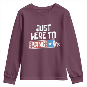 Funny Fireworks Just Here To Bang Youth Sweatshirt American Flag Firecracker TS11 Maroon Print Your Wear