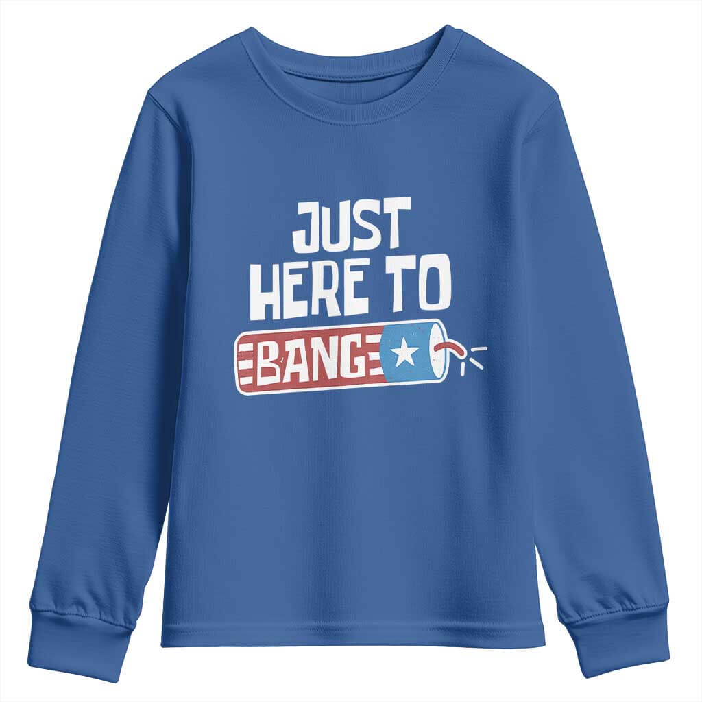 Funny Fireworks Just Here To Bang Youth Sweatshirt American Flag Firecracker TS11 Royal Blue Print Your Wear