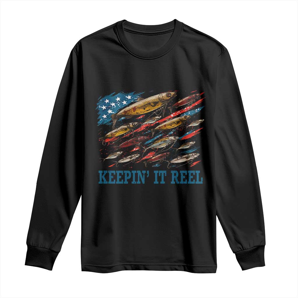 Funny Fisherman Keepin It Reel Long Sleeve Shirt Fishing Lure American Flag Bass Fishing TS11 Black Print Your Wear