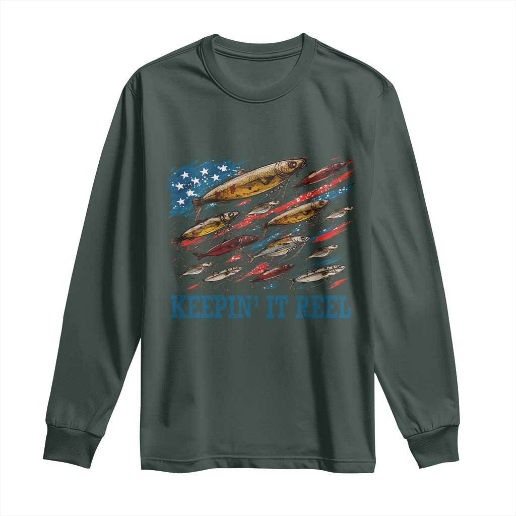 Funny Fisherman Keepin It Reel Long Sleeve Shirt Fishing Lure American Flag Bass Fishing TS11 Dark Forest Green Print Your Wear