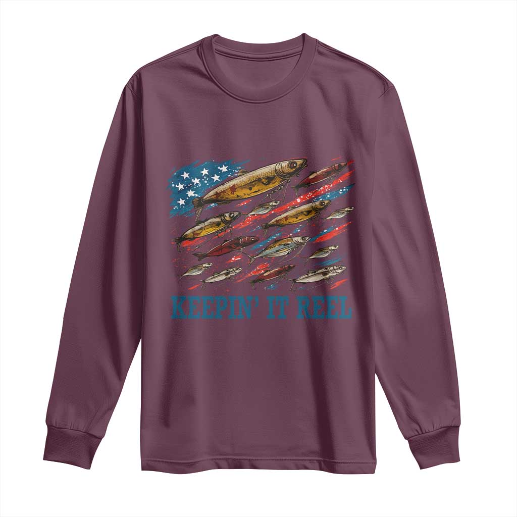 Funny Fisherman Keepin It Reel Long Sleeve Shirt Fishing Lure American Flag Bass Fishing TS11 Maroon Print Your Wear