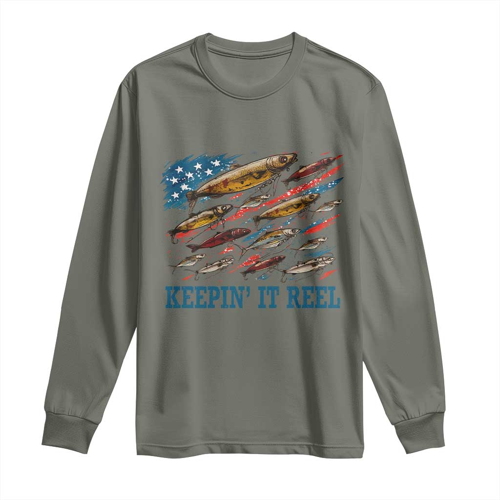 Funny Fisherman Keepin It Reel Long Sleeve Shirt Fishing Lure American Flag Bass Fishing TS11 Military Green Print Your Wear