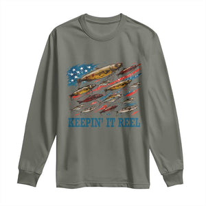 Funny Fisherman Keepin It Reel Long Sleeve Shirt Fishing Lure American Flag Bass Fishing TS11 Military Green Print Your Wear