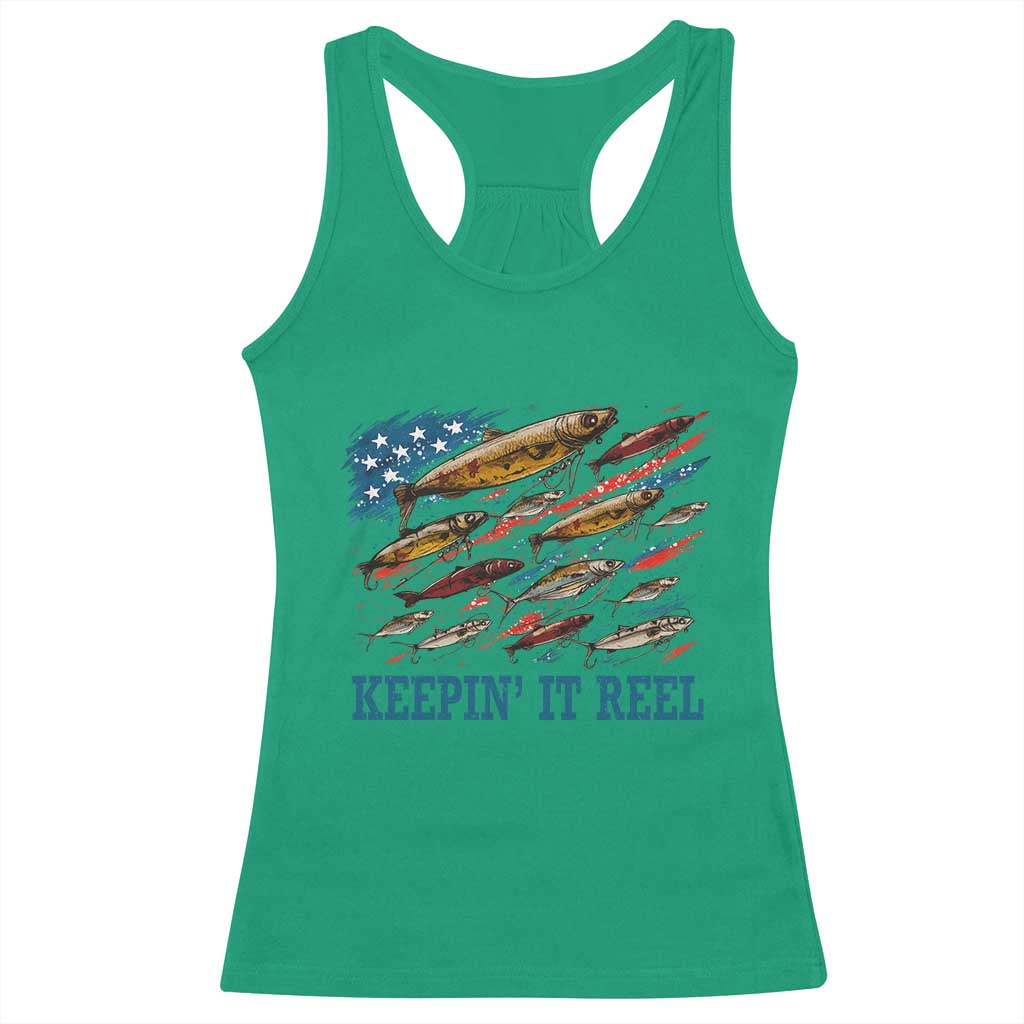 Funny Fisherman Keepin It Reel Racerback Tank Top Fishing Lure American Flag Bass Fishing TS11 Irish Green Print Your Wear