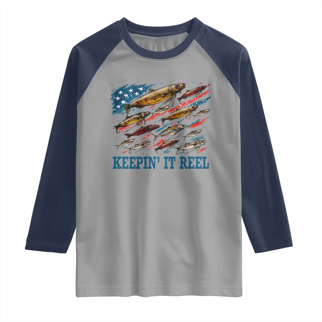 Funny Fisherman Keepin It Reel Raglan Shirt Fishing Lure American Flag Bass Fishing TS11 Sport Gray Navy Print Your Wear