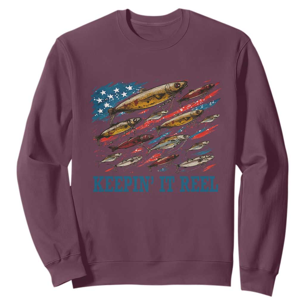 Funny Fisherman Keepin It Reel Sweatshirt Fishing Lure American Flag Bass Fishing TS11 Maroon Print Your Wear