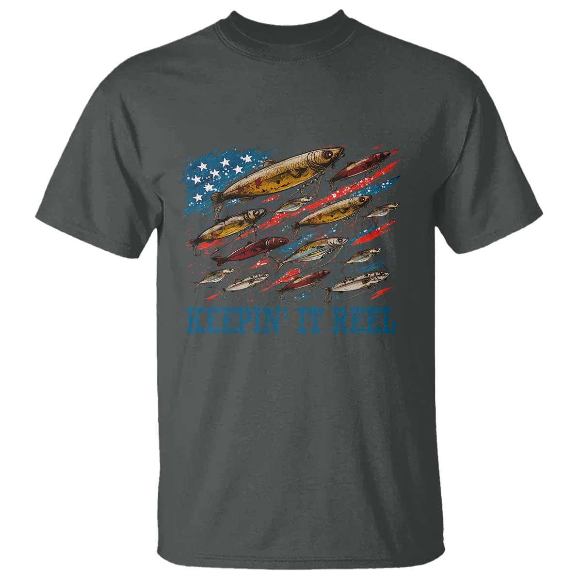 Funny Fisherman Keepin It Reel T Shirt Fishing Lure American Flag Bass Fishing TS11 Dark Heather Print Your Wear