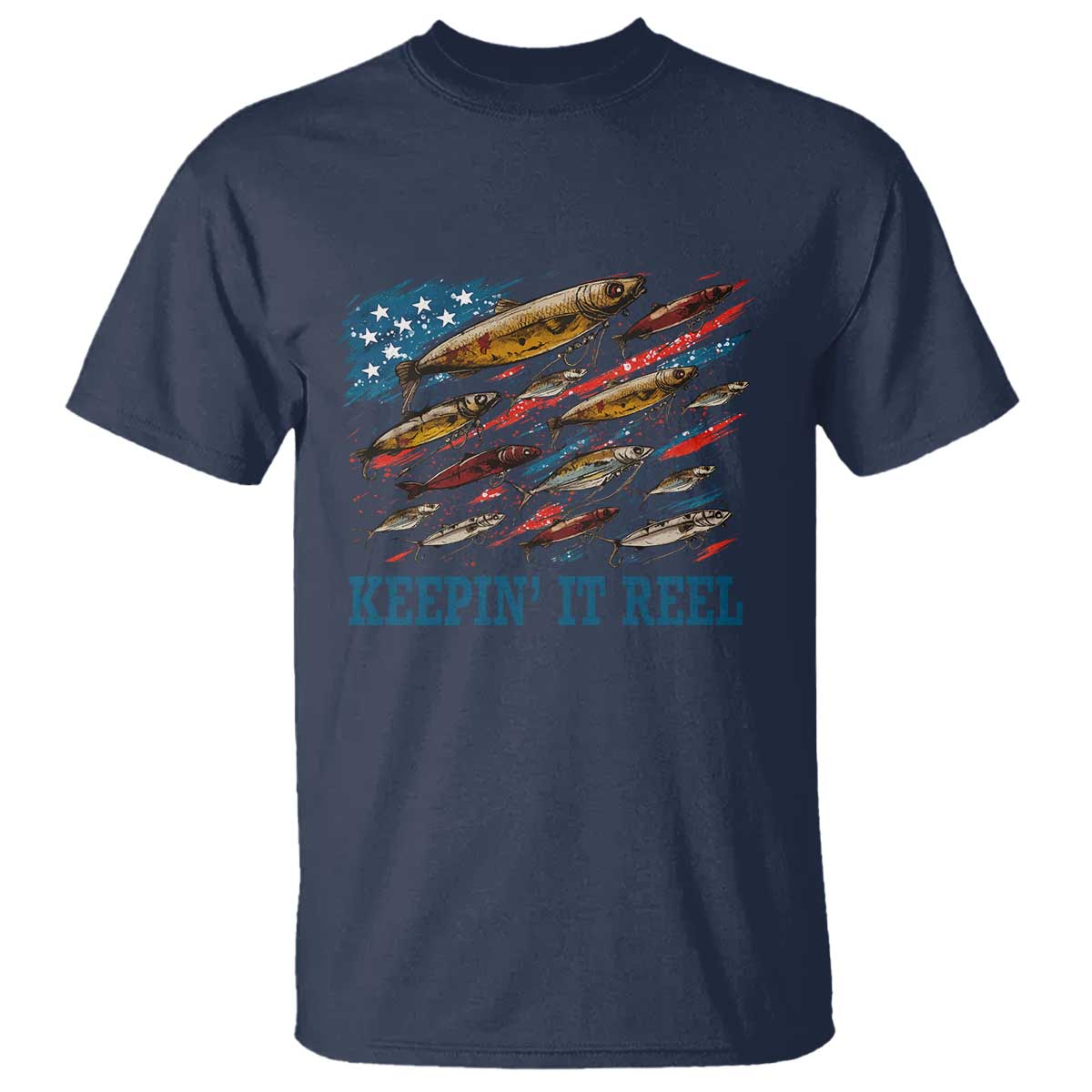 Funny Fisherman Keepin It Reel T Shirt Fishing Lure American Flag Bass Fishing TS11 Navy Print Your Wear