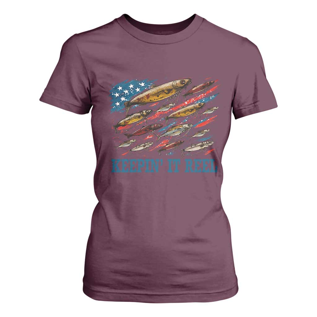 Funny Fisherman Keepin It Reel T Shirt For Women Fishing Lure American Flag Bass Fishing TS11 Maroon Print Your Wear
