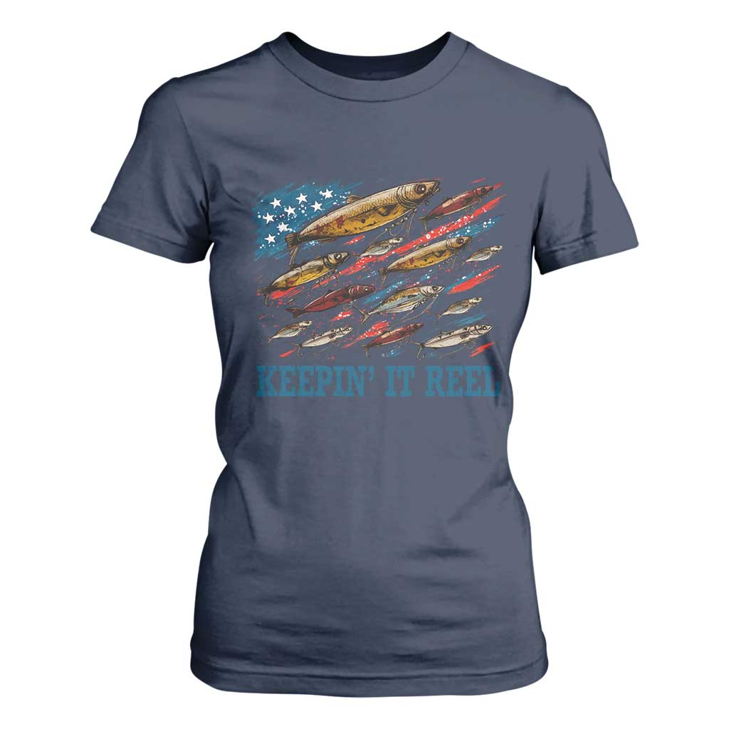 Funny Fisherman Keepin It Reel T Shirt For Women Fishing Lure American Flag Bass Fishing TS11 Navy Print Your Wear