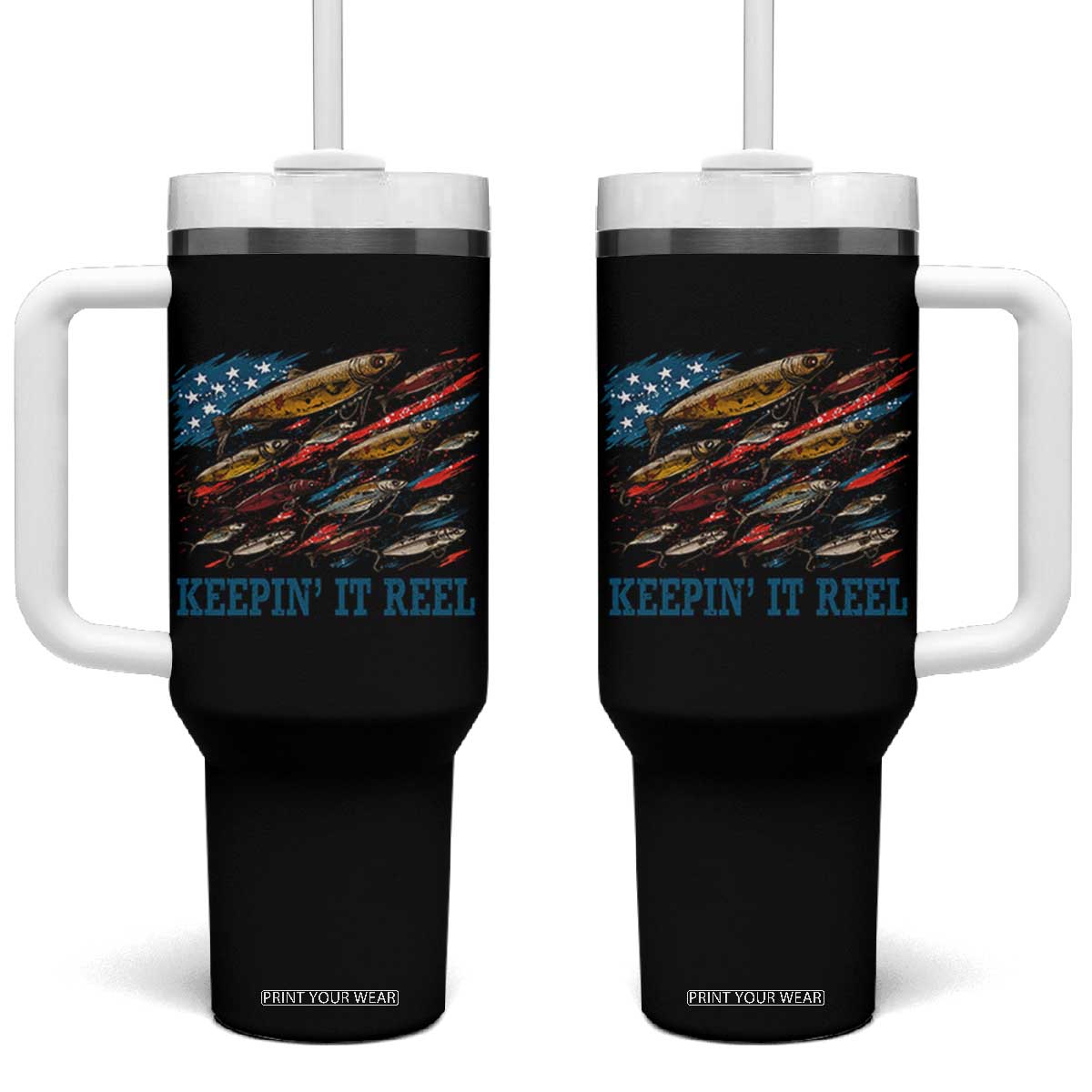 Funny Fisherman Keepin It Reel Tumbler With Handle Fishing Lure American Flag Bass Fishing TS11 One Size: 40 oz Black Print Your Wear