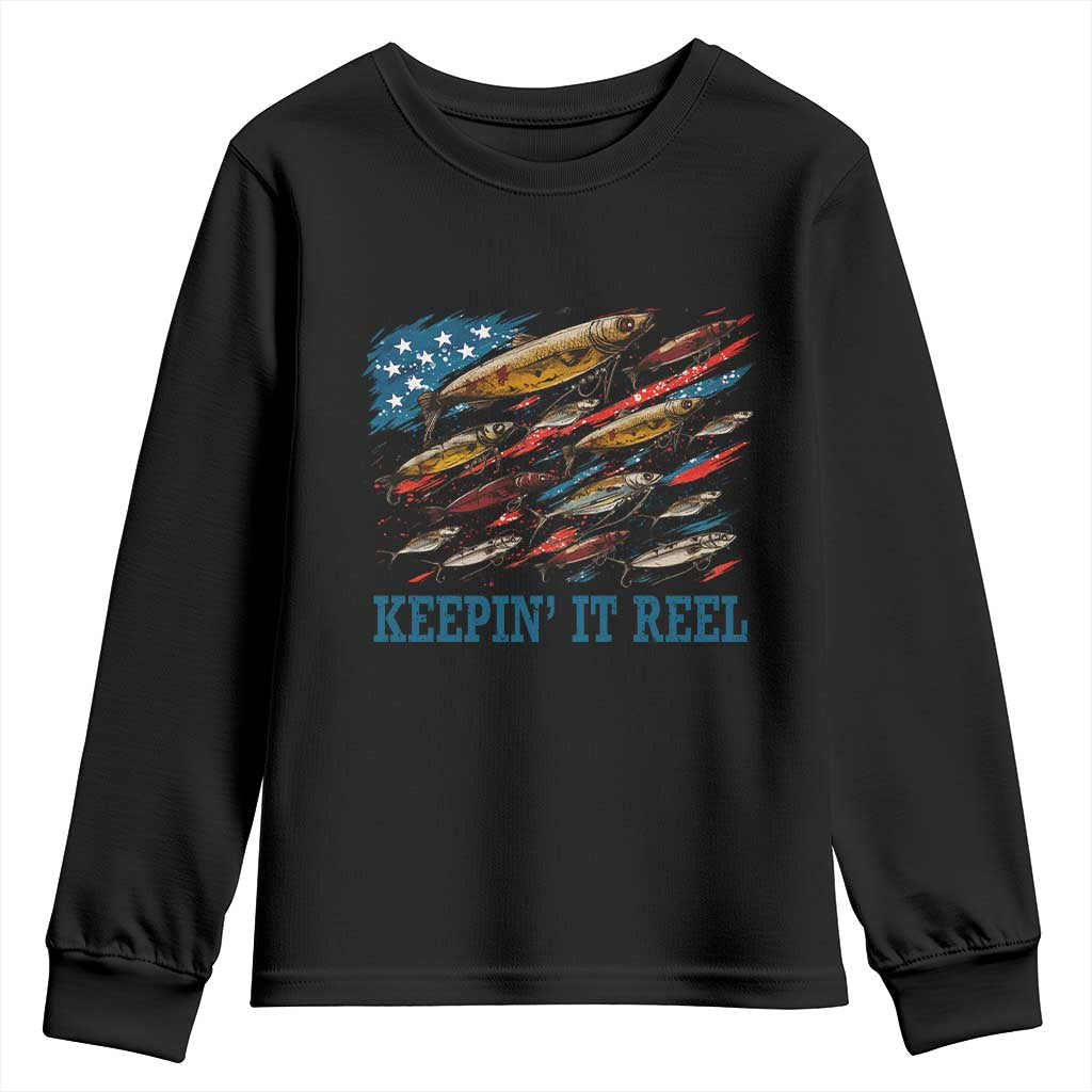 Funny Fisherman Keepin It Reel Youth Sweatshirt Fishing Lure American Flag Bass Fishing TS11 Black Print Your Wear