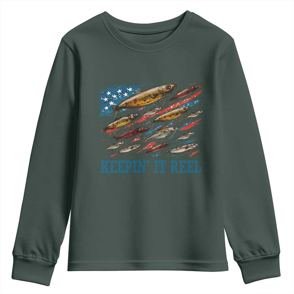 Funny Fisherman Keepin It Reel Youth Sweatshirt Fishing Lure American Flag Bass Fishing TS11 Dark Forest Green Print Your Wear