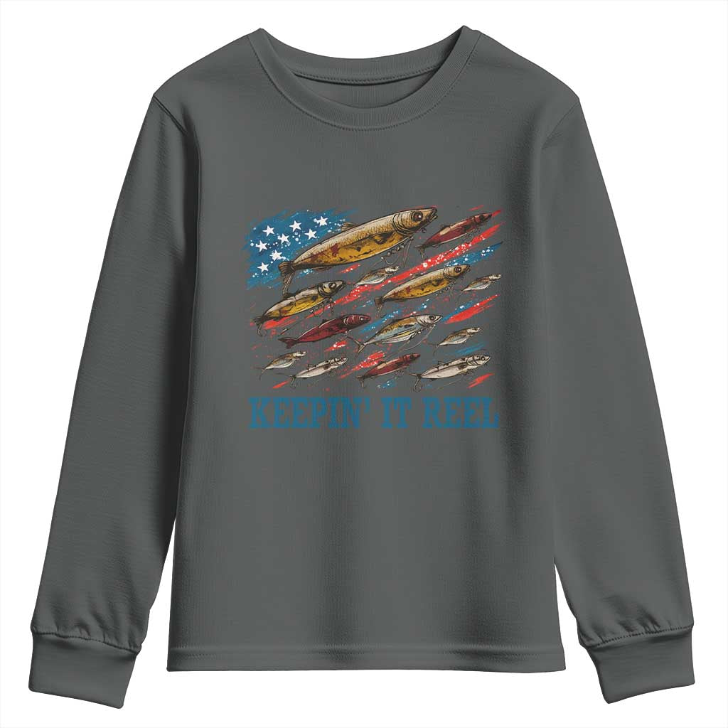 Funny Fisherman Keepin It Reel Youth Sweatshirt Fishing Lure American Flag Bass Fishing TS11 Dark Heather Print Your Wear