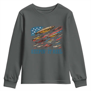 Funny Fisherman Keepin It Reel Youth Sweatshirt Fishing Lure American Flag Bass Fishing TS11 Dark Heather Print Your Wear