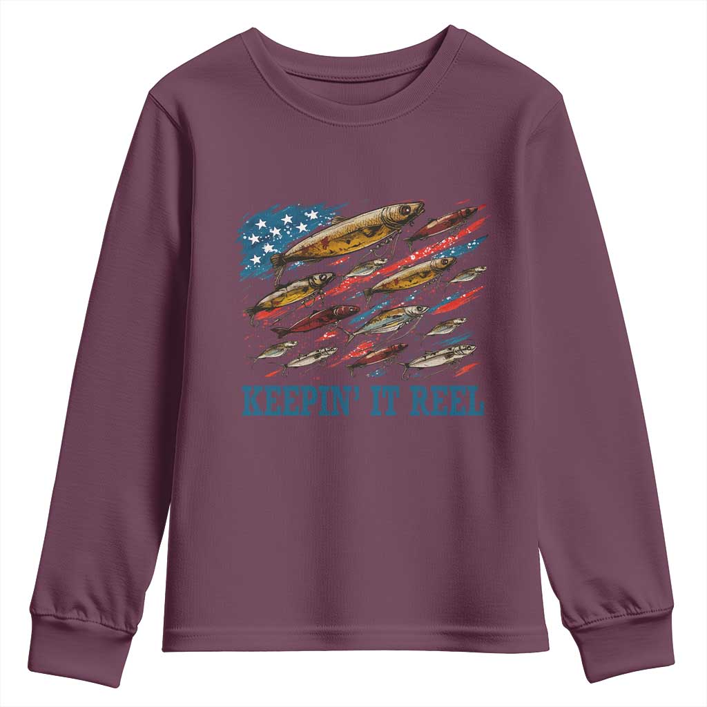 Funny Fisherman Keepin It Reel Youth Sweatshirt Fishing Lure American Flag Bass Fishing TS11 Maroon Print Your Wear