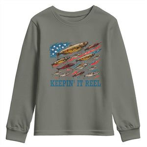Funny Fisherman Keepin It Reel Youth Sweatshirt Fishing Lure American Flag Bass Fishing TS11 Military Green Print Your Wear