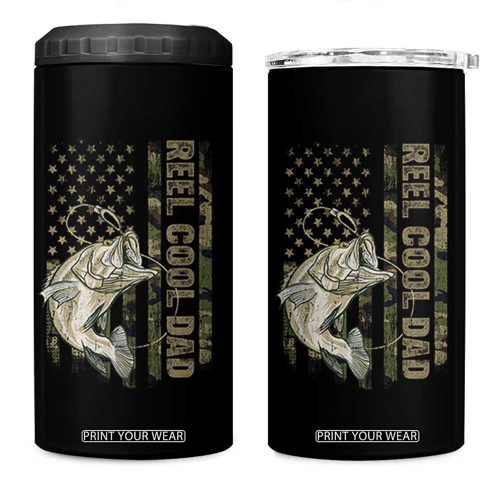 Funny Fishing Vintage Reel Cool Dad 4 in 1 Can Cooler Tumbler Camo American Flag USA Bass Fish Fisherman TS10 One Size: 16 oz Black Print Your Wear