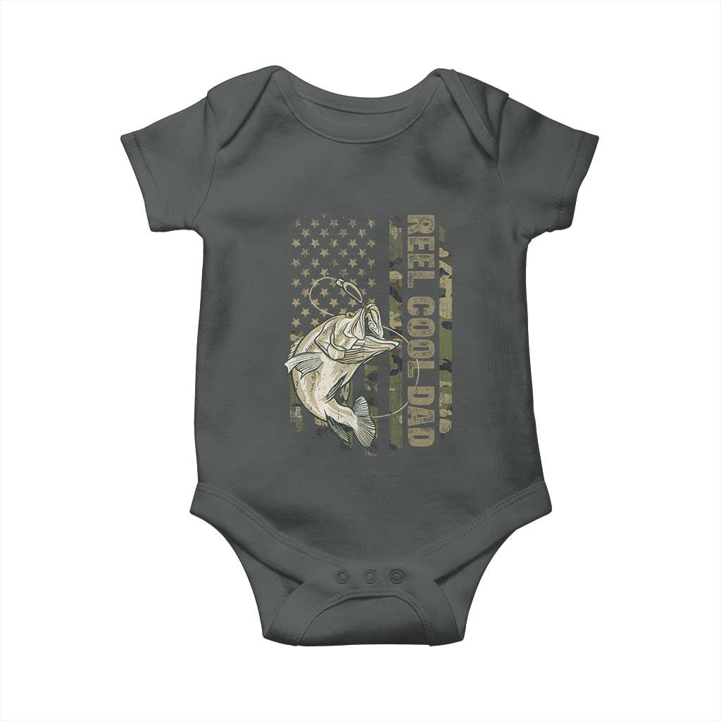 Funny Fishing Vintage Reel Cool Dad Baby Onesie Camo American Flag USA Bass Fish Fisherman TS10 Dark Heather Print Your Wear