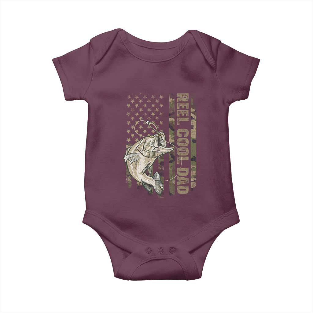 Funny Fishing Vintage Reel Cool Dad Baby Onesie Camo American Flag USA Bass Fish Fisherman TS10 Maroon Print Your Wear