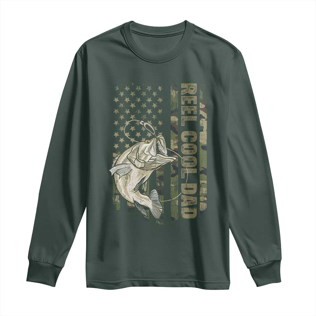 Funny Fishing Vintage Reel Cool Dad Long Sleeve Shirt Camo American Flag USA Bass Fish Fisherman TS10 Dark Forest Green Print Your Wear