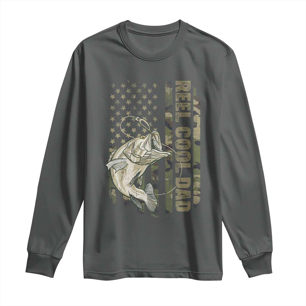 Funny Fishing Vintage Reel Cool Dad Long Sleeve Shirt Camo American Flag USA Bass Fish Fisherman TS10 Dark Heather Print Your Wear