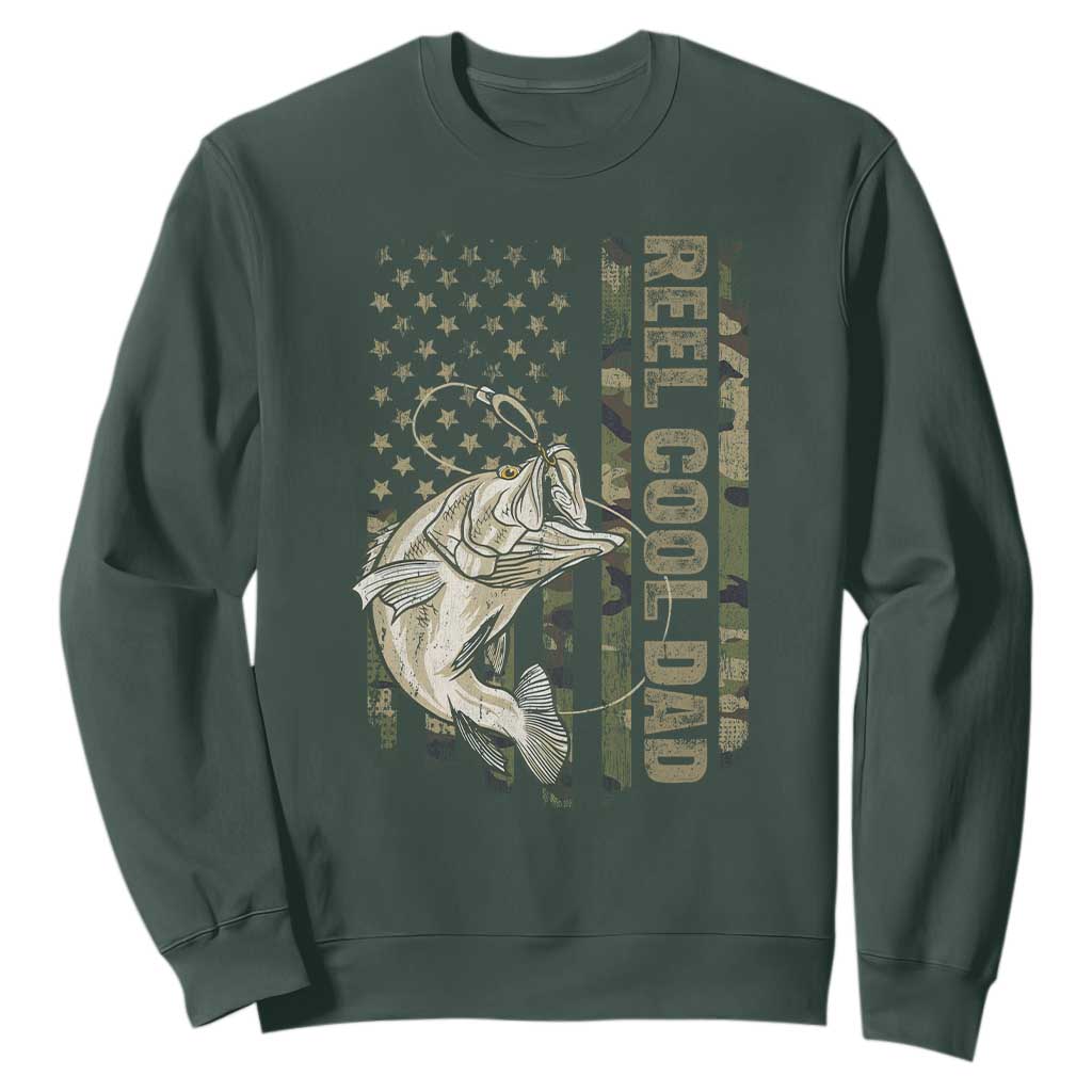 Funny Fishing Vintage Reel Cool Dad Sweatshirt Camo American Flag USA Bass Fish Fisherman TS10 Dark Forest Green Print Your Wear