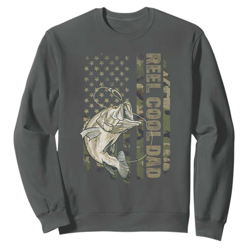 Funny Fishing Vintage Reel Cool Dad Sweatshirt Camo American Flag USA Bass Fish Fisherman TS10 Dark Heather Print Your Wear