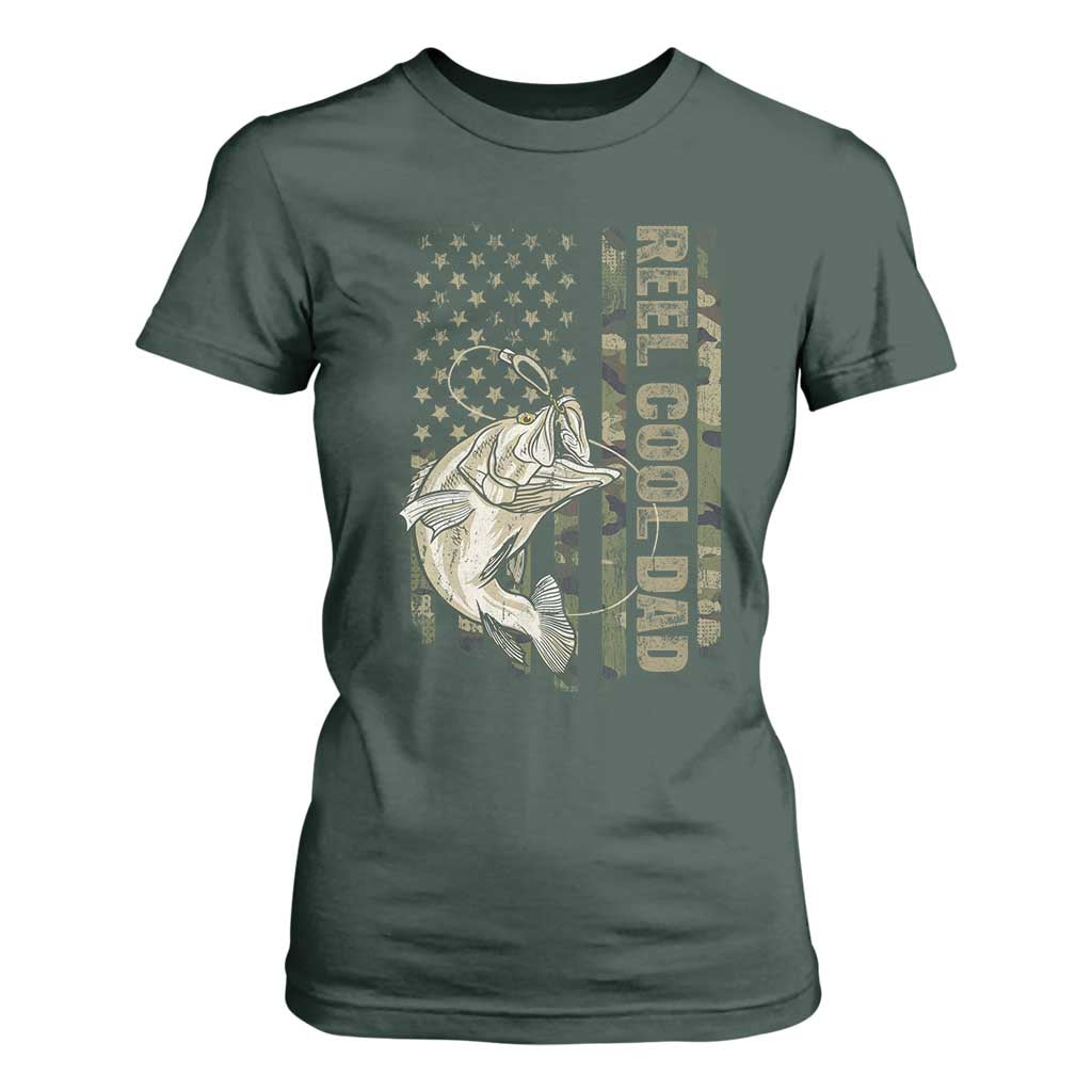 Funny Fishing Vintage Reel Cool Dad T Shirt For Women Camo American Flag USA Bass Fish Fisherman TS10 Dark Forest Green Print Your Wear