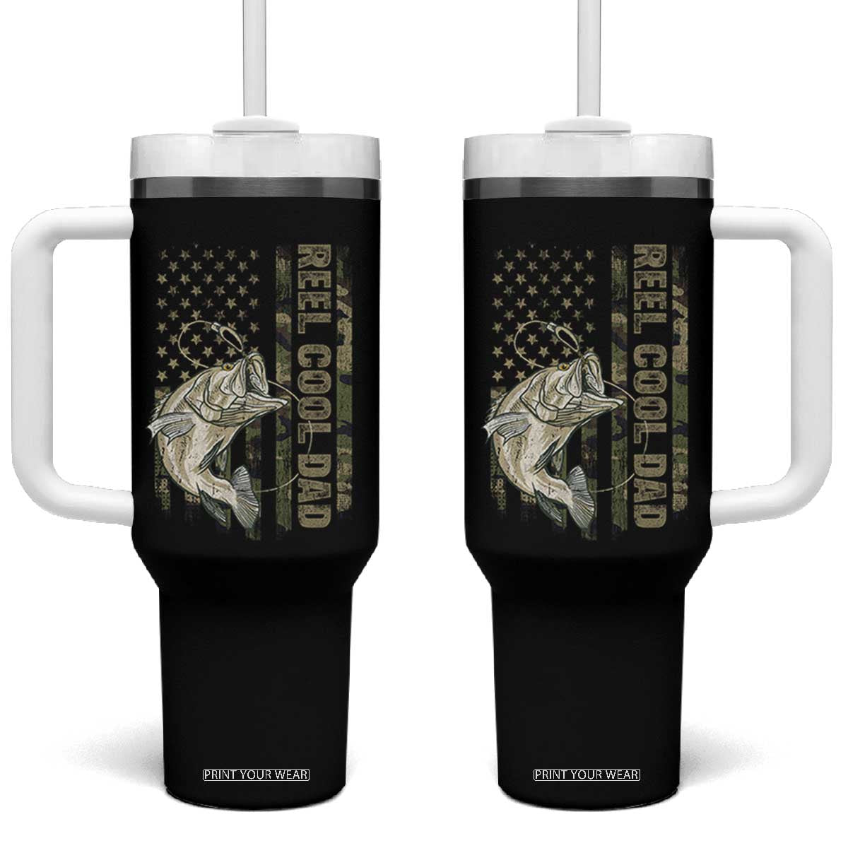 Funny Fishing Vintage Reel Cool Dad Tumbler With Handle Camo American Flag USA Bass Fish Fisherman TS10 One Size: 40 oz Black Print Your Wear