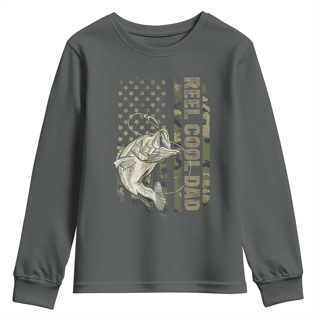 Funny Fishing Vintage Reel Cool Dad Youth Sweatshirt Camo American Flag USA Bass Fish Fisherman TS10 Dark Heather Print Your Wear