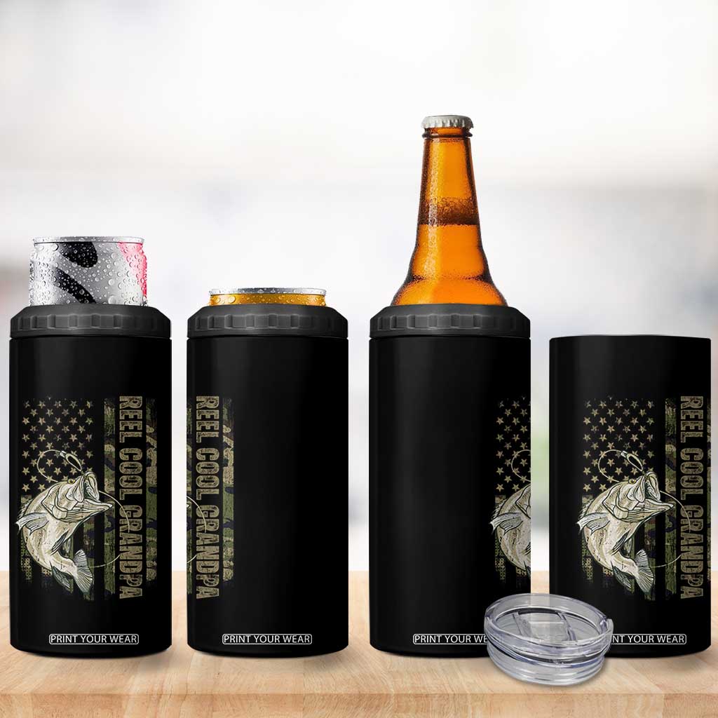 Funny Fishing Vintage Reel Cool Grandpa 4 in 1 Can Cooler Tumbler Camo American Flag USA Bass Fish Fisherman TS10 Print Your Wear