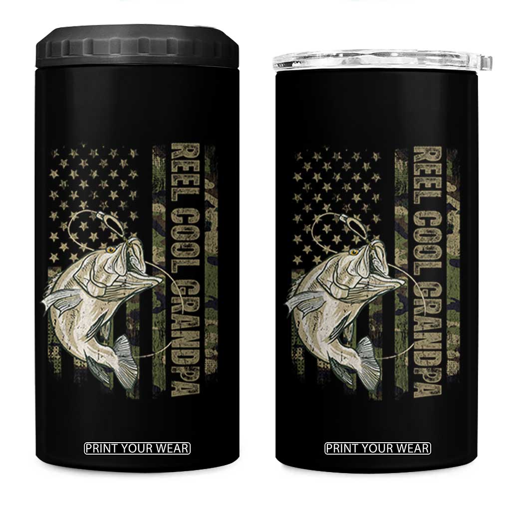 Funny Fishing Vintage Reel Cool Grandpa 4 in 1 Can Cooler Tumbler Camo American Flag USA Bass Fish Fisherman TS10 One Size: 16 oz Black Print Your Wear