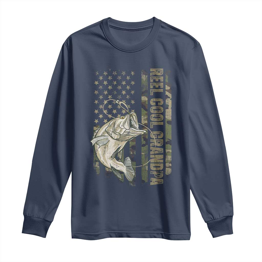 Funny Fishing Vintage Reel Cool Grandpa Long Sleeve Shirt Camo American Flag USA Bass Fish Fisherman TS10 Navy Print Your Wear